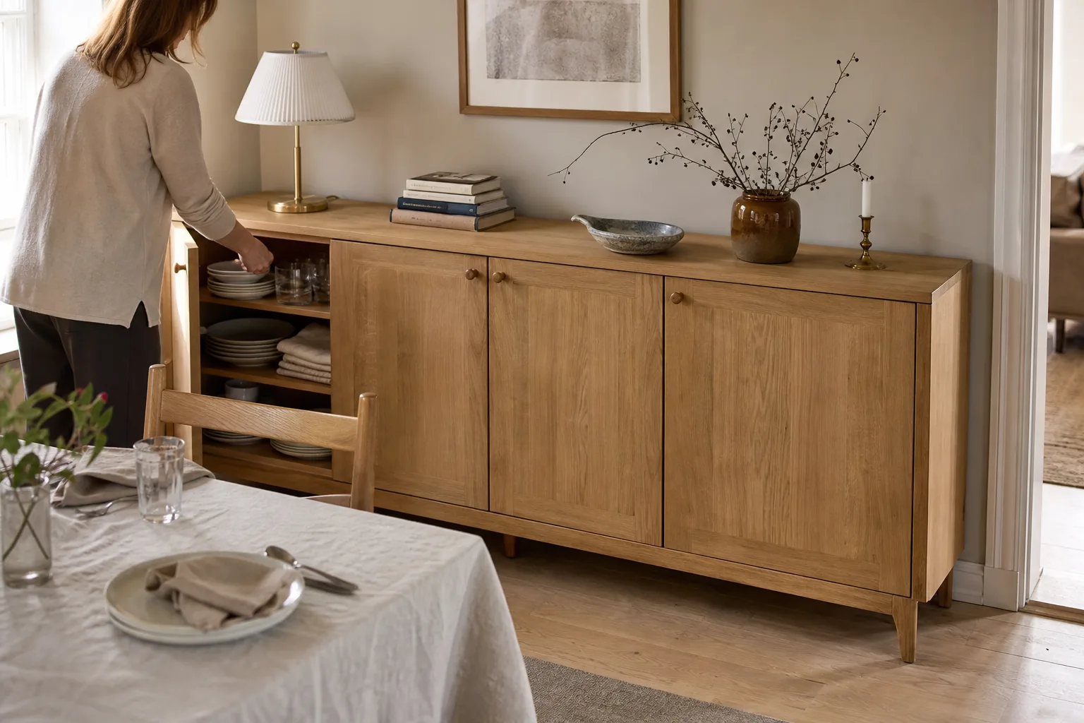 Ljusa ektoner på ett sideboard intill matbordet