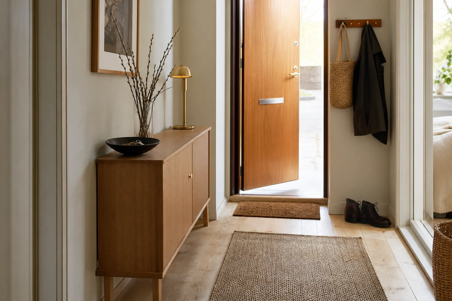 Smalt sideboard i hall med fri passage