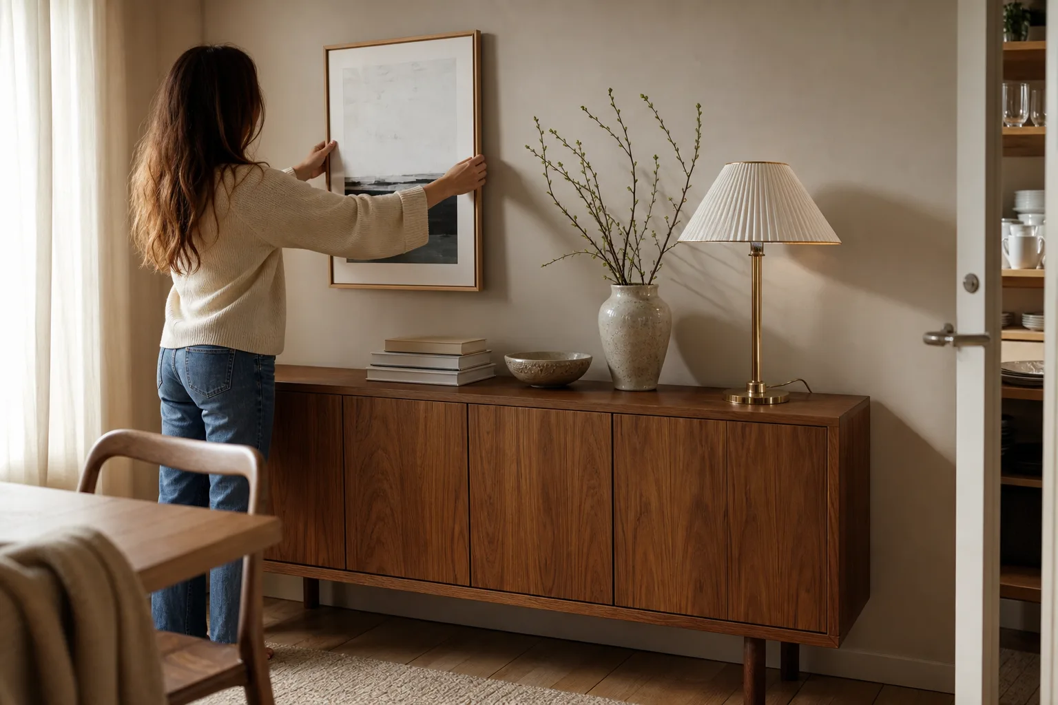 Sideboard med tavla, bordslampa och en liten grupp föremål på skivan