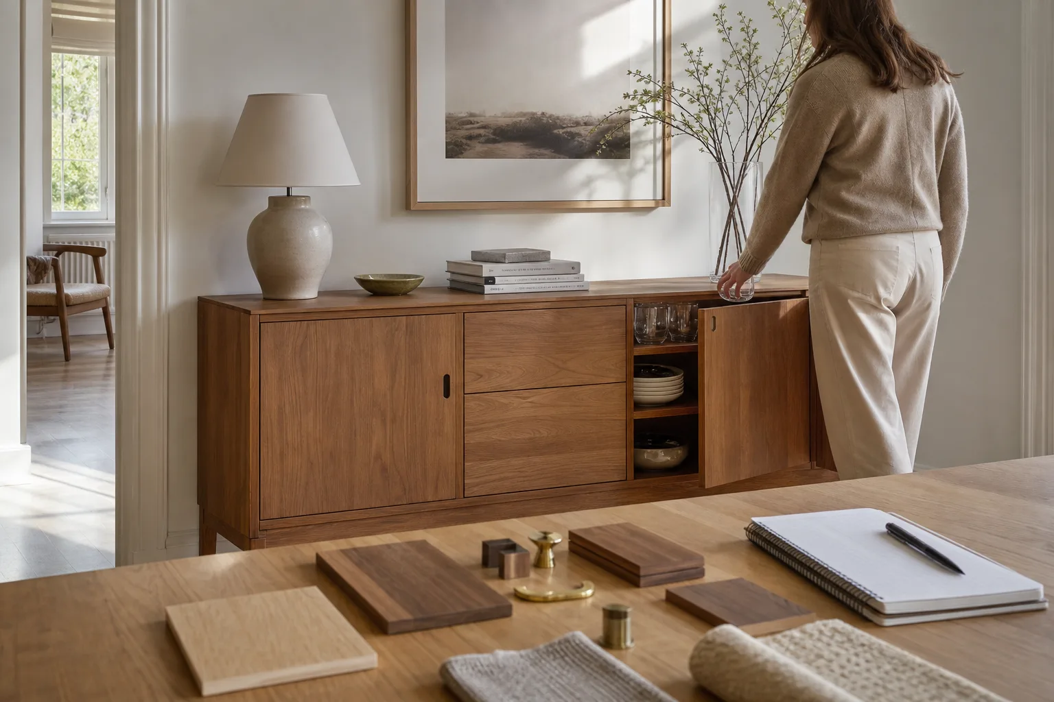 Sideboard med lådor och skåp vid en matplats