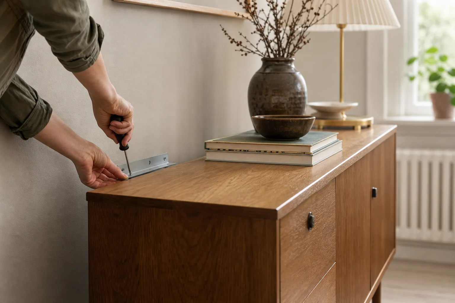 Sideboard som monteras och väggförankras i vardagsrum