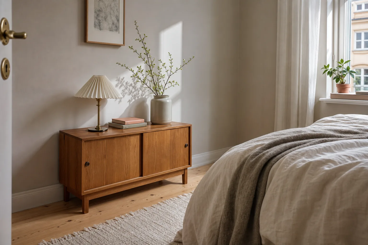 Liten skänk mot en kort vägg vid en matplats