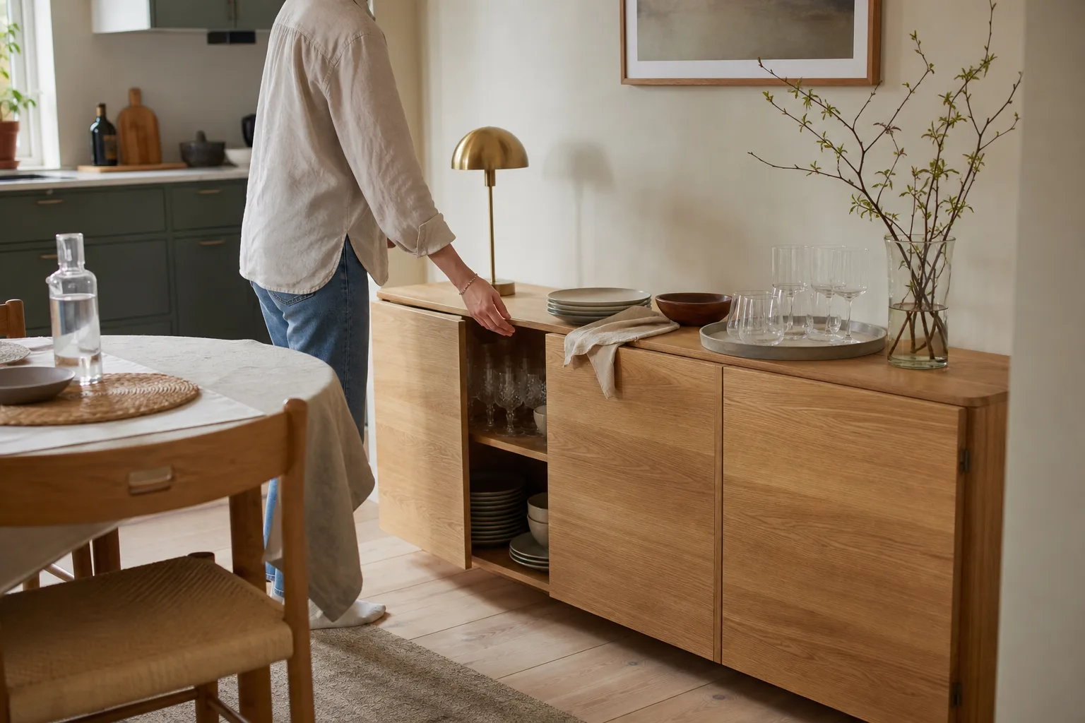 Skänk i ek vid matplatsen med tallrikar och glas bakom en öppen dörr och serveringsbricka på skivan