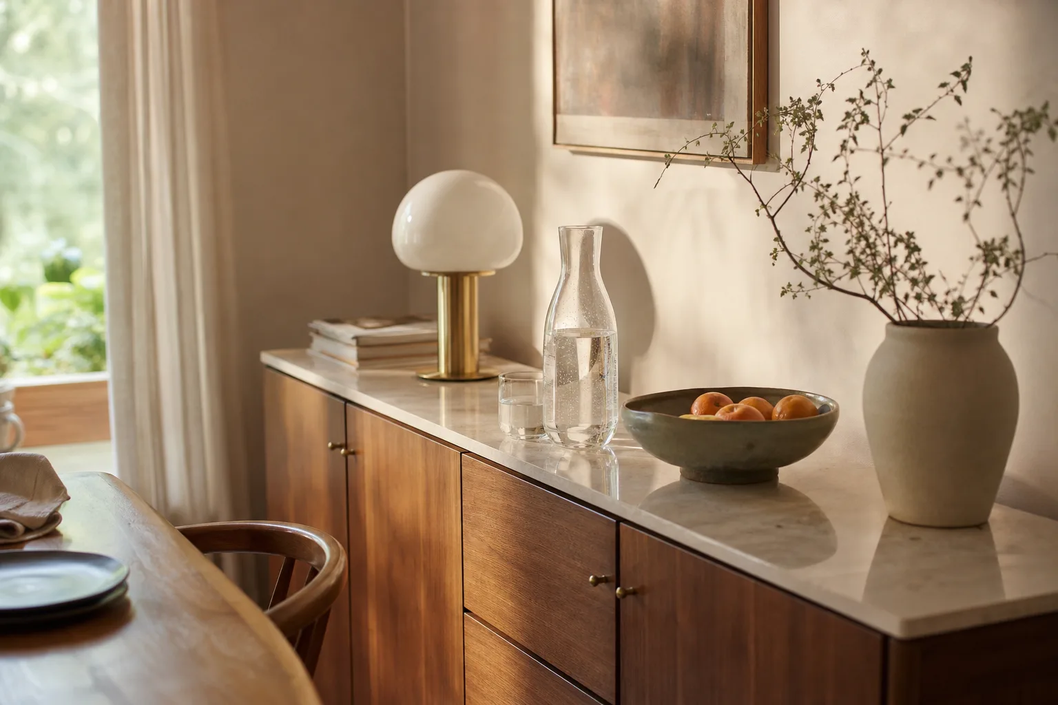 Sideboard med ljus marmorskiva i matsal