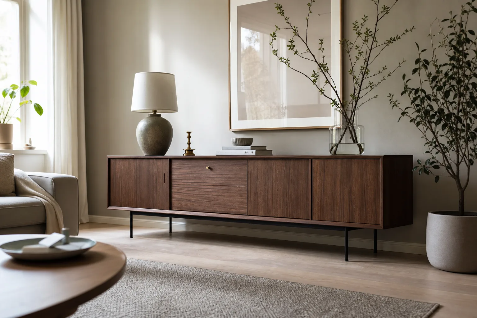 Sideboard med mörka metallben på ljust golv