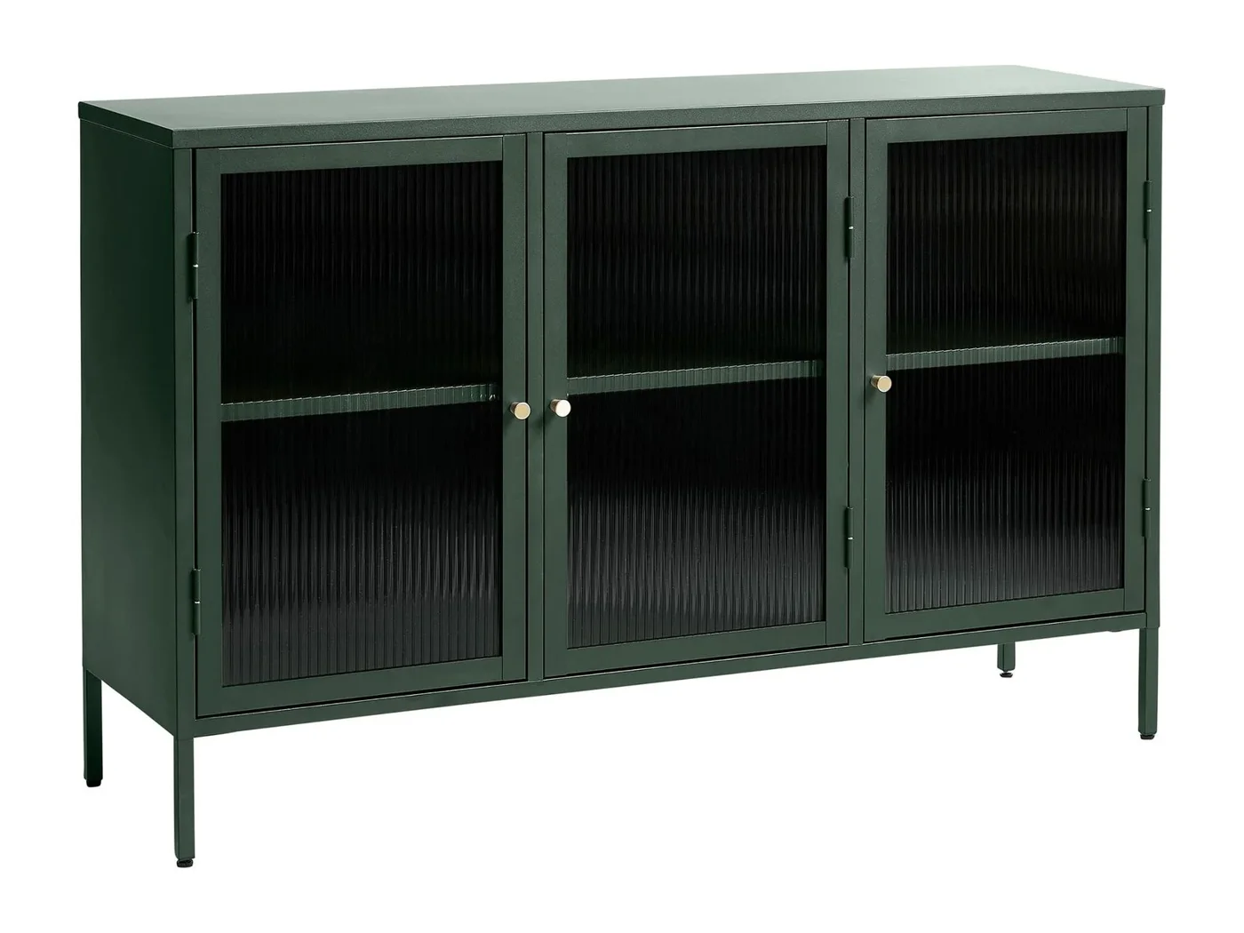 Lazarus sideboard i grön metall med glasdörrar och svarta ben