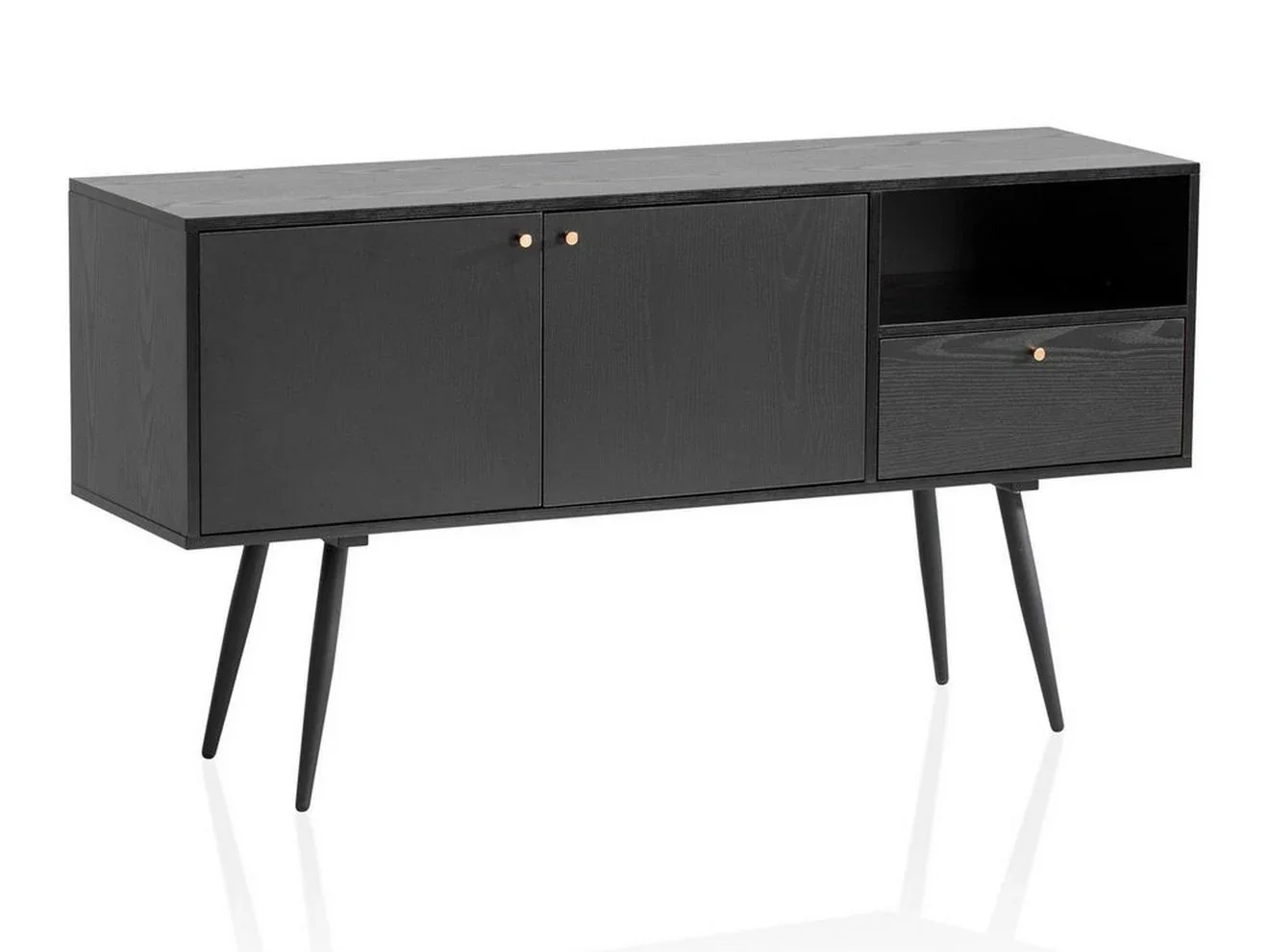 Wohnling sideboard 140 cm i svart ekdekor med guldfärgade handtag och järnben